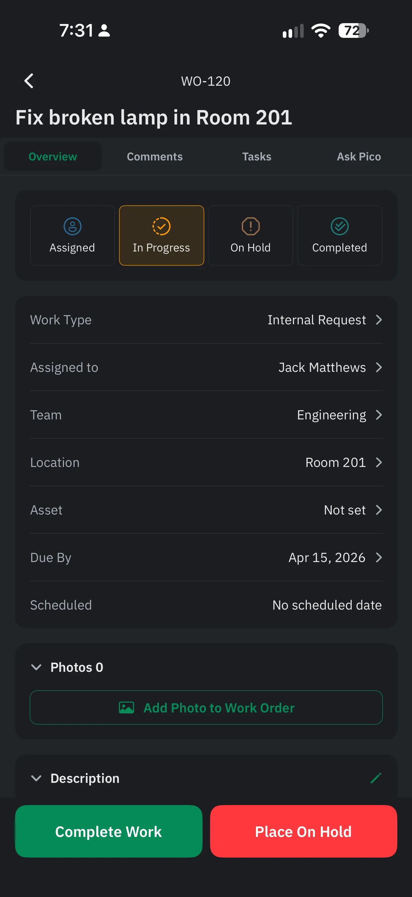 A Pico work order on a phone: Fix broken lamp in Room 201, in progress, assigned to Engineering